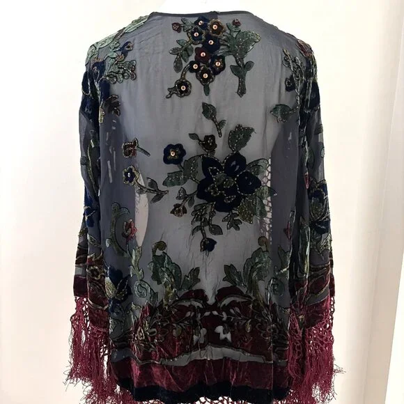 VTG Kirks Folly Burnout Velvet Cardigan Women's One Size Sequins Fringe Stunning - Picture 2 of 10